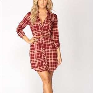 Fashion Nova Plaid Shirt Dress in Burgundy and Tan